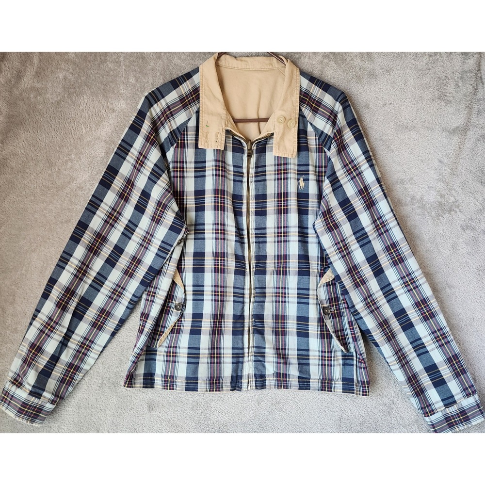 Polo Ralph Lauren Harrington Jacket Mens L Tan Blue Plaid Reversible Full Zip